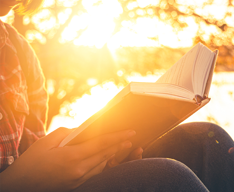 Woman reading a book backlit by sunlight