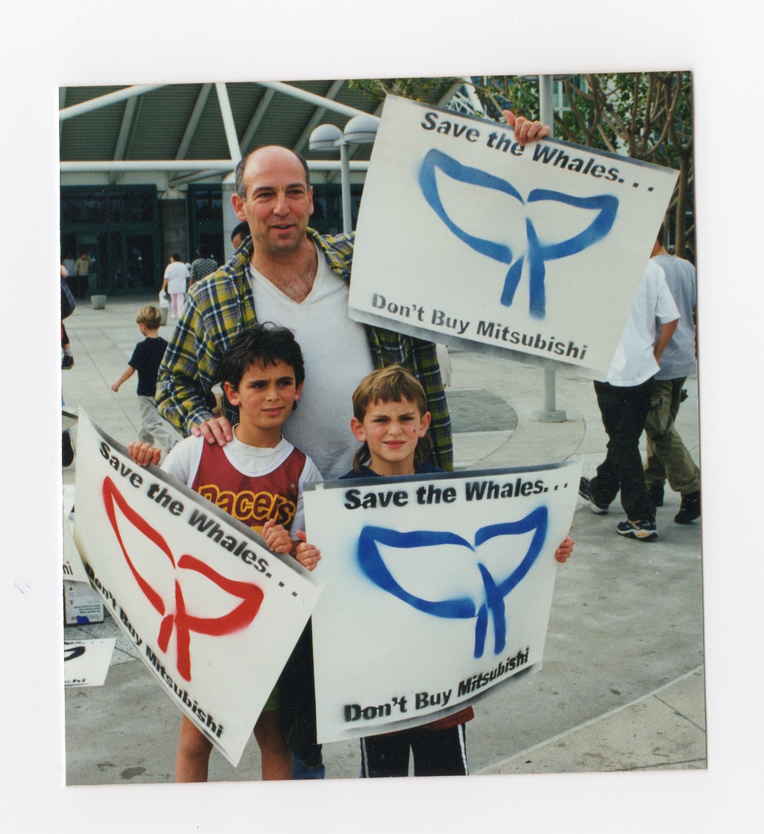 David and his 2 sons, Gabriel and Theo, in 1998 protesting at the LA Auto Show Mitstubishi’s planned construction of the world’s largest salt processing plant in Baja Mexico.  