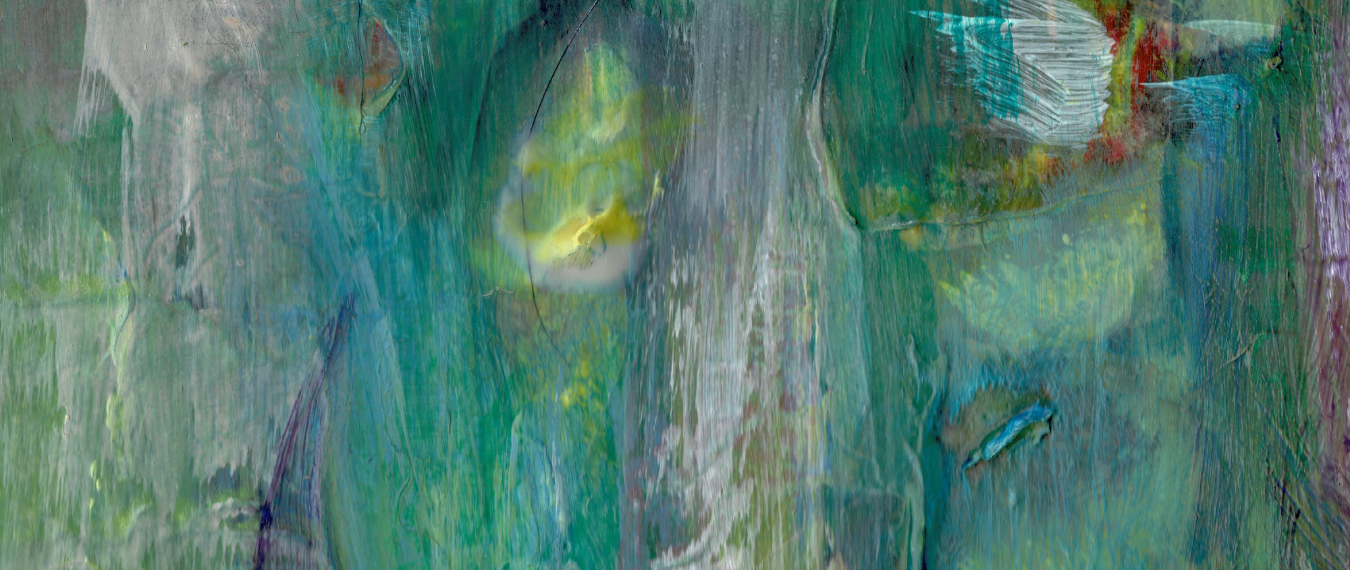 An abstract image made up of green and blue brushstrokes 