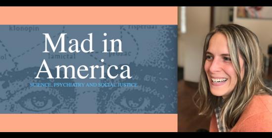Mad in America logo and picture of Laura Delano