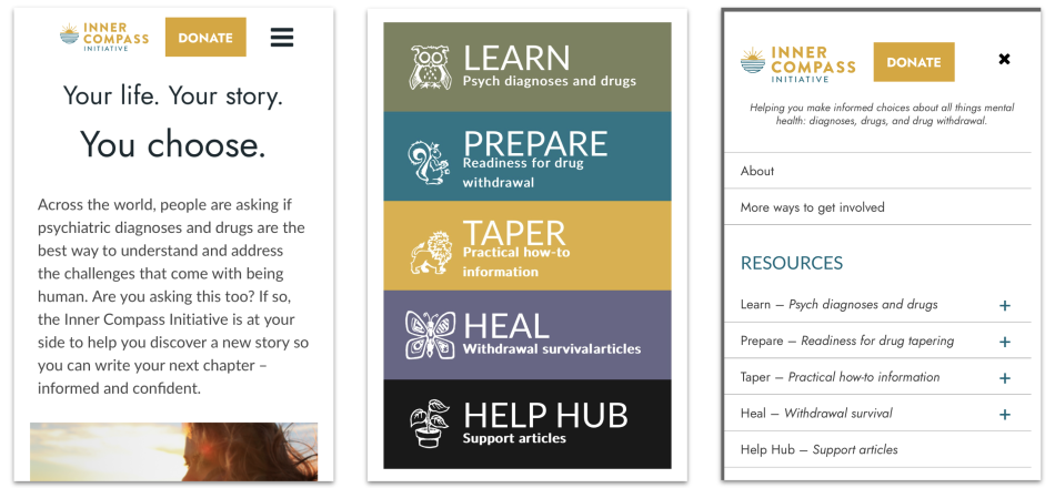 How ICI looks on a mobile phone. Images of the Inner Compass Initiative homepage on a mobile device