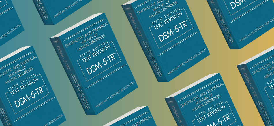 Rows of images of the cover of the DSM-5.