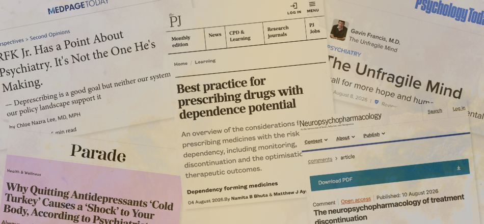 Screenshots of five recent articles touching on psychiatric drug withdrawal, deprescribing and overmedicalization. 