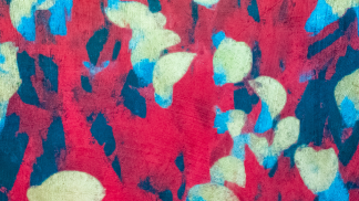 A pattern of pale green flowers on a red and blue background