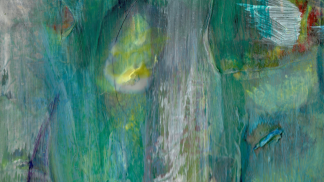 An abstract image made up of green and blue brushstrokes 