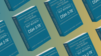 Rows of images of the cover of the DSM-5.