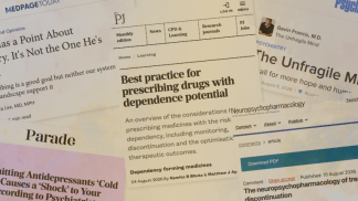 Screenshots of five recent articles touching on psychiatric drug withdrawal, deprescribing and overmedicalization.